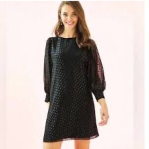 Lilly Pulitzer Maisel Black Silk Metallic Dot Sheer Sleeve Mini‎ Dress Size 6